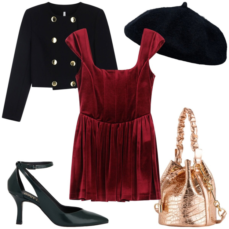 Outfit donna - Borse mini: secchiello glamour. Stile Glamour per Serata fuori. Abbinamento con vestiti corti, blazer, décolleté, cappelli e berretti, borse a secchiello.