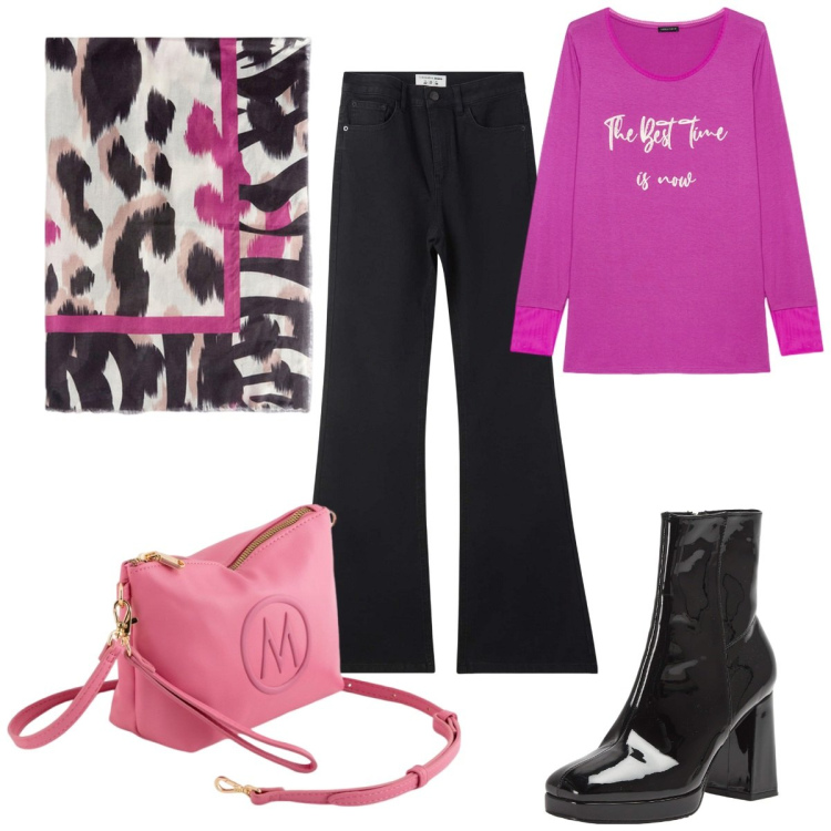 Outfit donna - Borse mini : tracollina rosa. Stile Trendy per Tutti i giorni. Abbinamento con jeans a zampa, stivaletti, valigie, t-shirt, foulard.