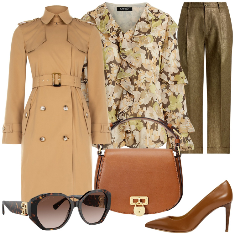 Outfit donna - Total look #2077421. Stile Casual chic Abbinamento con trench, décolleté, borse a tracolla, occhiali da sole, camicie, pantaloni.