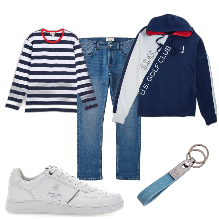 Outfit uomo - Le righe di tendenza. Stile Casual per Tutti i giorni. Abbinamento con maglieria, jeans, sneakers, felpe, portachiavi.