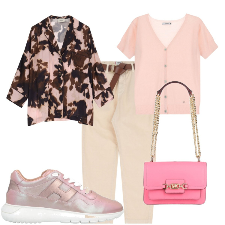 Outfit donna - Un po’ di rosa. Stile Casual chic per Tutti i giorni. Abbinamento con sneakers, borse a spalla, cardigans, pantaloni chino, blazer.