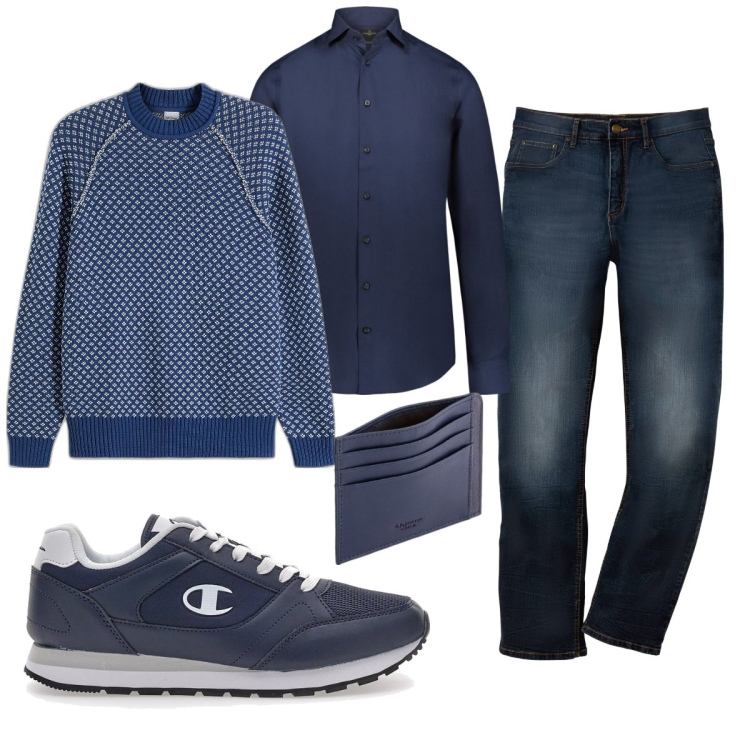 Outfit uomo - Casual in ufficio. Stile Casual per Ufficio. Abbinamento con jeans dritti, maglieria, camicie, sneakers, portafogli.