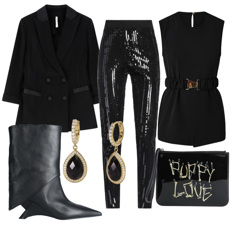 Outfit donna - Sexy night. Stile Trendy per Serata fuori. Abbinamento con pantaloni, stivaletti, borse a mano, blazer, orecchini, bluse.