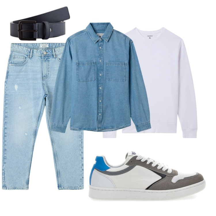 Outfit uomo - La camicia jeans. Stile Casual per Tutti i giorni. Abbinamento con jeans strappati, camicie, felpe, sneakers, cinture.