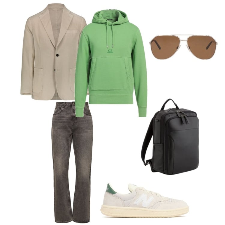 Outfit uomo - Lo sportwear che ispira. Stile Trendy per Ufficio. Abbinamento con felpe con cappuccio, occhiali da sole, giacche, jeans, sneakers, borse sportive.