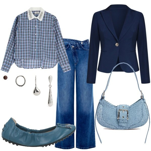 Outfit donna - A spasso per la città. Stile Casual chic per Tutti i giorni. Abbinamento con ballerine, blazer, jeans, camicie, borse a spalla, orecchini.