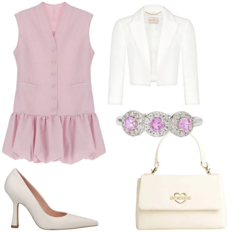 Outfit donna - Pastel Power. Stile Glamour per Serata fuori. Abbinamento con borse a mano, décolleté, anelli, bolero, vestiti corti.