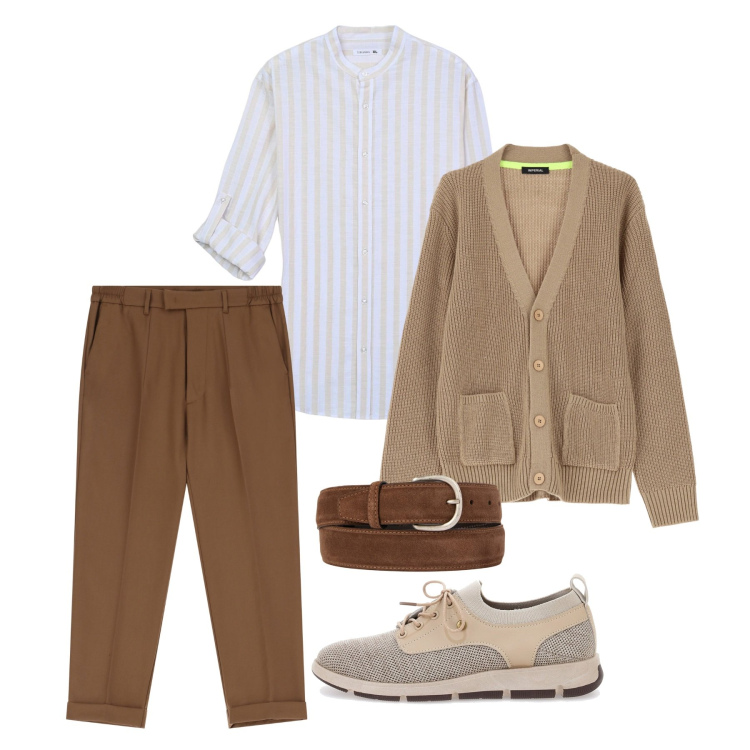 Outfit uomo - La prima coreana. Stile Casual per Tutti i giorni. Abbinamento con camicie, pantaloni, cardigans, cinture, scarpe stringate.