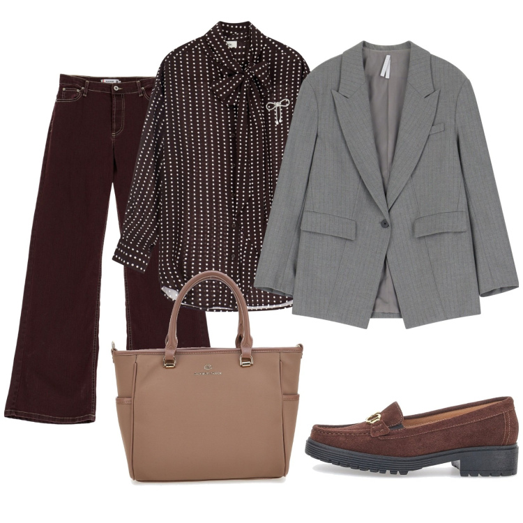 Outfit donna - Office. Stile Casual chic per Ufficio. Abbinamento con jeans a zampa, blazer, camicie, borse a tracolla, mocassini.
