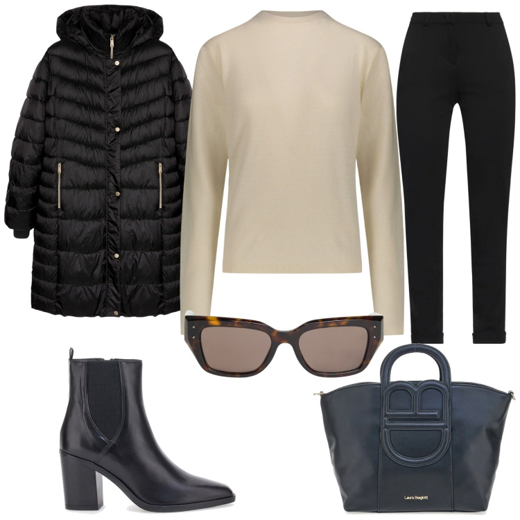 Outfit donna - Total look #2077556. Abbinamento con occhiali da sole, pantaloni, pullovers, stivaletti, piumini, borse a tracolla.