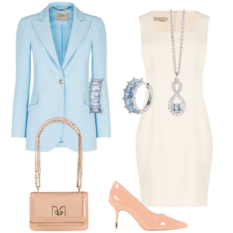 Outfit donna - Cerimonia. Stile Romantica per Cerimonia. Abbinamento con ciondoli, orecchini, vestiti a tubino, décolleté, blazer, borse a tracolla.