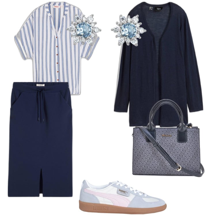 Outfit donna - Semplice ma con orecchini gioiello. per Tutti i giorni. Abbinamento con cardigans, camicie, gonne longuette, sneakers, orecchini, borse a tracolla.