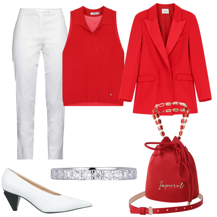 Outfit donna - Pantaloni slim-fit. Stile Casual chic per Serata fuori. Abbinamento con pantaloni, décolleté, anelli, top, borse a secchiello, blazer.