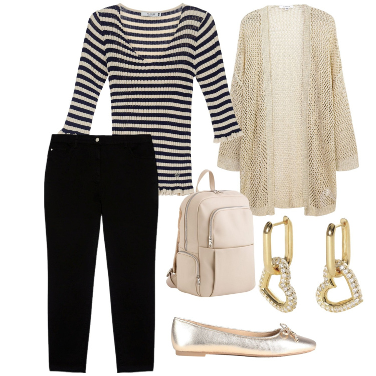 Outfit donna - La maglietta a righe. per Tutti i giorni. Abbinamento con ballerine, kimono, orecchini, pullovers, pantaloni skinny, zaini.