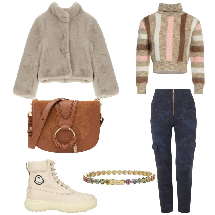 Outfit donna - Total look #2077581. Stile Casual Abbinamento con stivaletti, maglieria, borse a tracolla, braccialetti, pantaloni cargo, blazer.