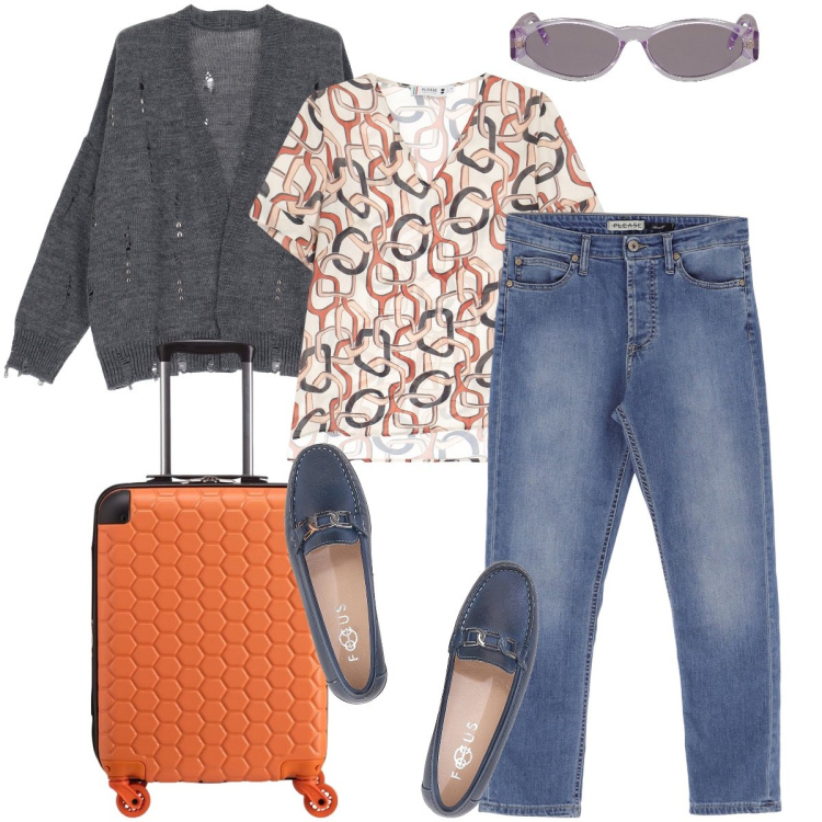 Outfit donna - Il mio tempo. Stile Urban per Tutti i giorni. Abbinamento con occhiali da sole, t-shirt, jeans, cardigans, mocassini, valigie.