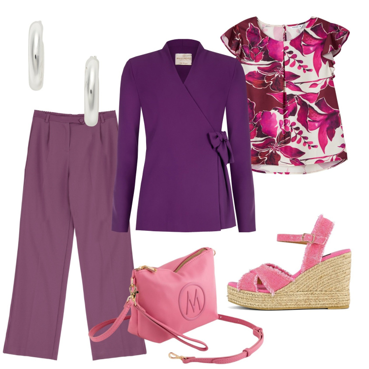 Outfit donna - Total look #2077589. Stile Casual chic per Ufficio. Abbinamento con bluse, blazer, pantaloni, orecchini, sandali col tacco, valigie.
