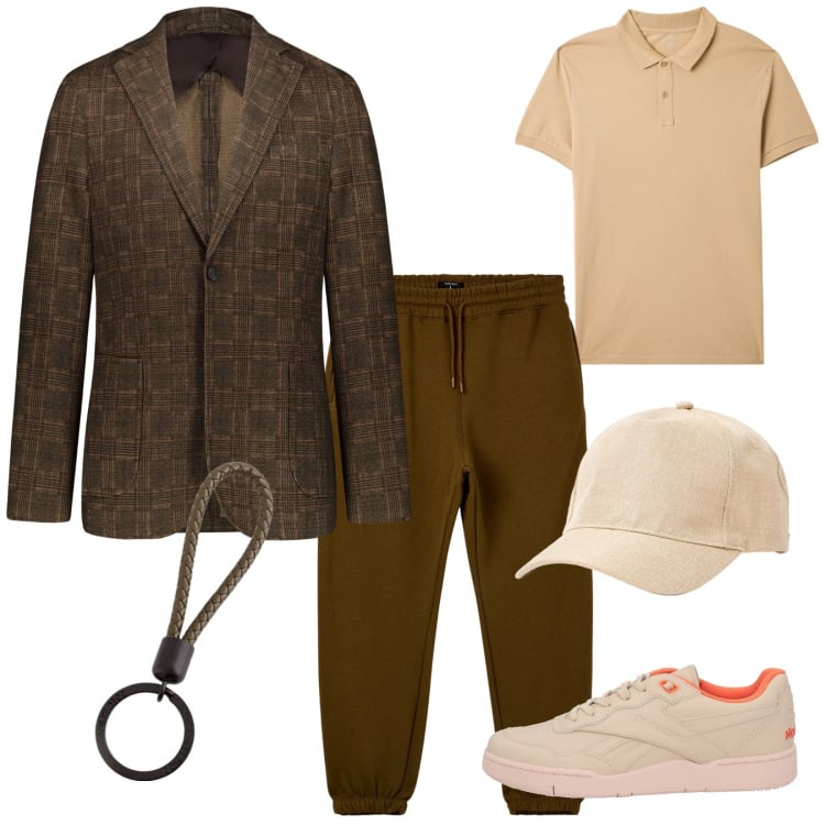 Outfit uomo - Sportivo e sartoriale. Stile Trendy per Tutti i giorni. Abbinamento con sneakers, pantaloni sportivi, polo, cappelli, giacche, portachiavi.