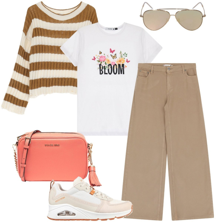 Outfit donna - La maglia a righe. Stile Casual per Tutti i giorni. Abbinamento con borse a tracolla, pantaloni, maglieria, t-shirt, sneakers, occhiali da sole.