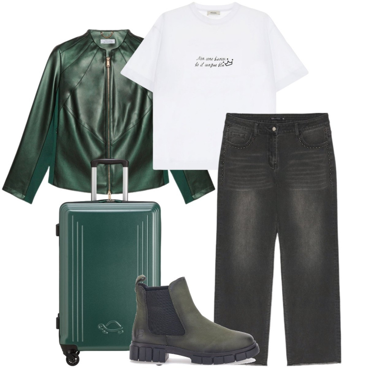 Outfit donna - Verso nuovi orizzonti. Stile Casual chic per Tutti i giorni. Abbinamento con t-shirt, blazer, stivaletti chelsea, jeans, valigie.