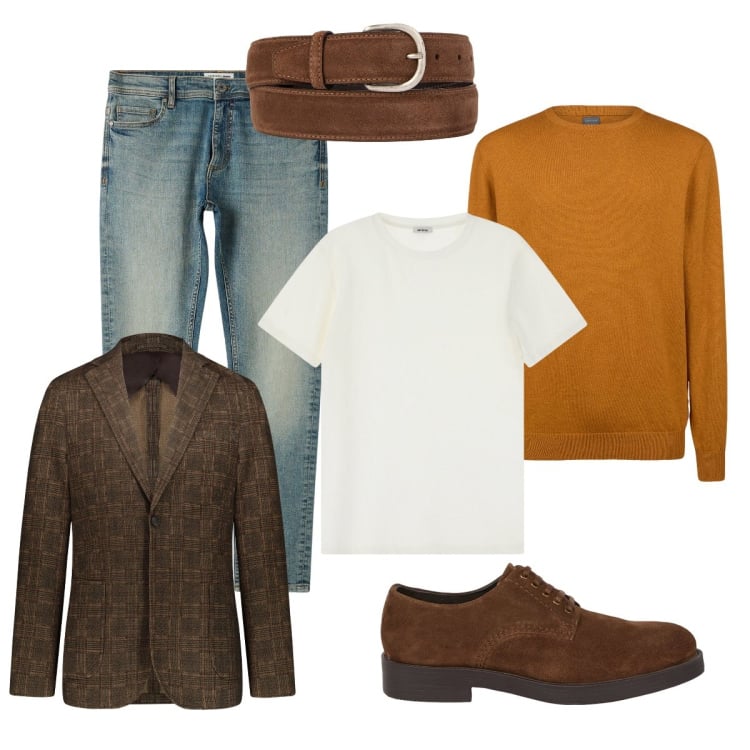 Outfit uomo - Total look #2077606. Stile Trendy per Ufficio. Abbinamento con jeans skinny, t-shirt, giacche, maglieria, cinture, scarpe stringate.