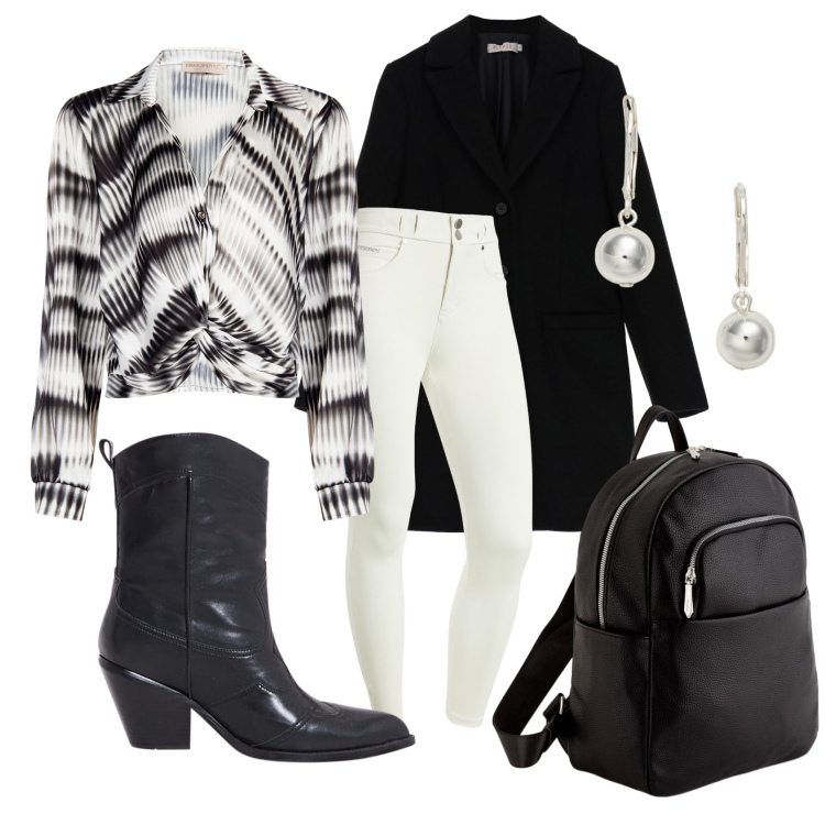 Outfit donna - Optical mood. Stile Glamour per Tutti i giorni. Abbinamento con stivaletti texani, bluse, cappotti, pantaloni skinny, orecchini, zaini.