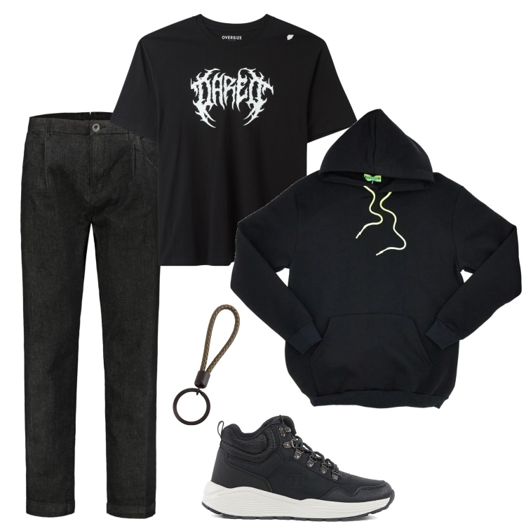 Outfit uomo - Il nero. Stile Urban per Tutti i giorni. Abbinamento con t-shirt, jeans, felpe con cappuccio, sneakers, portachiavi.