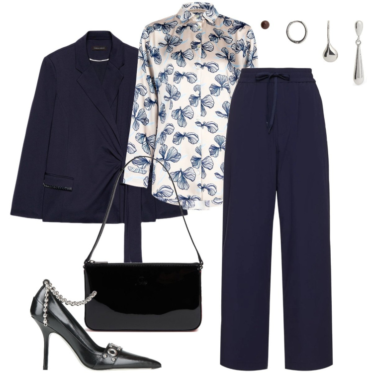 Outfit donna - Il completo blu notte. Stile Chic per Cerimonia. Abbinamento con décolleté, camicie, blazer, borse a spalla, orecchini, pantaloni.