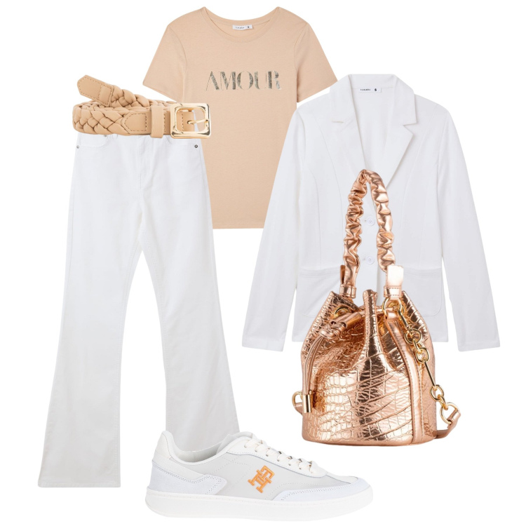 Outfit donna - Sportiva con il mini secchiello oro. Stile Casual per Tutti i giorni. Abbinamento con sneakers, jeans a zampa, t-shirt, blazer, borse a secchiello, cinture.