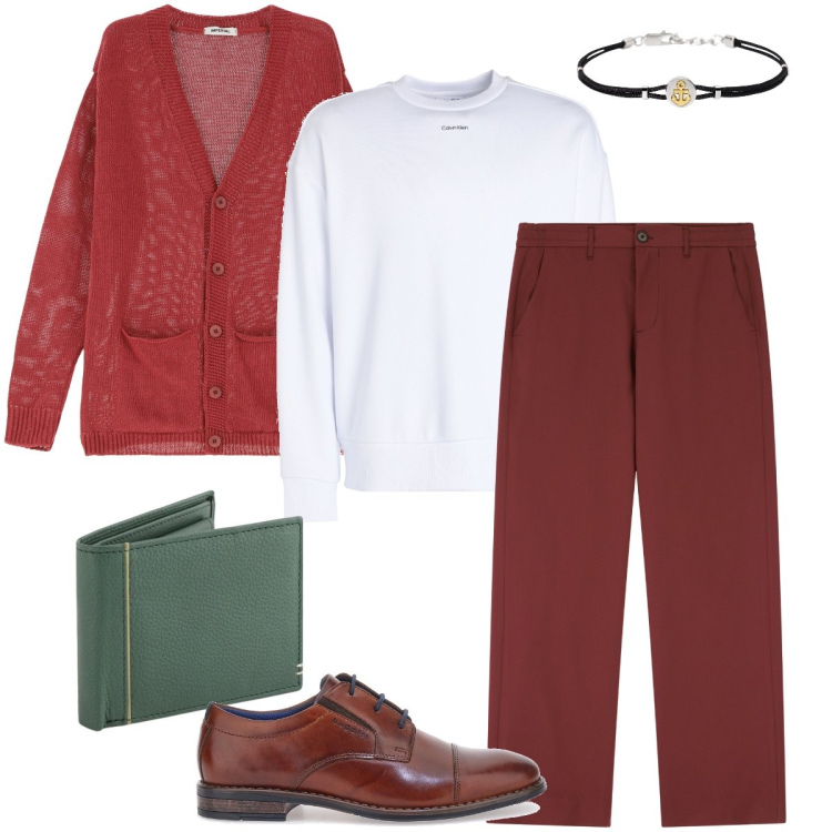 Outfit uomo - Il cardigan bordeaux. Stile Business/Elegante per Ufficio. Abbinamento con felpe, braccialetti, pantaloni, cardigans, scarpe stringate, portafogli.