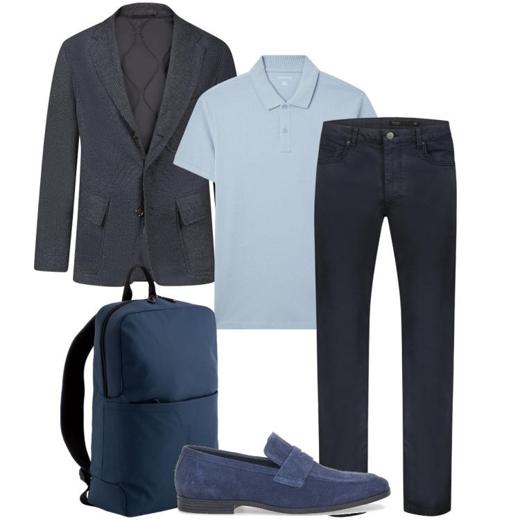 Outfit uomo - Una riunione importante. Stile Business/Elegante per Ufficio. Abbinamento con polo, giacche, pantaloni, scarpe stringate, borse sportive.