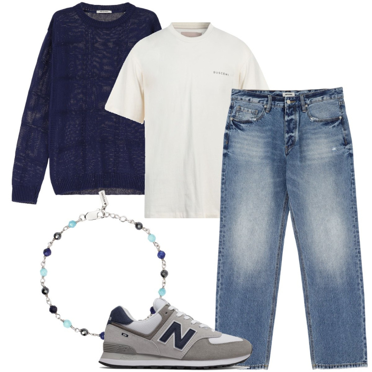 Outfit uomo - La maglia blu. Stile Casual per Tutti i giorni. Abbinamento con t-shirt, braccialetti, sneakers, pullovers, jeans.