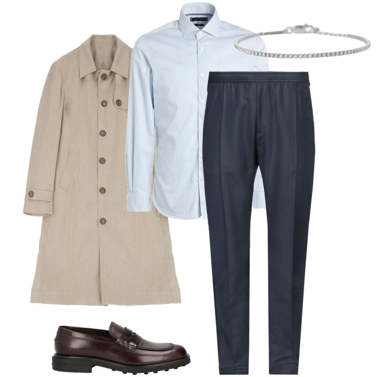 Outfit uomo - Il trench per la primavera. Stile Business/Elegante per Ufficio. Abbinamento con camicie, scarpe stringate, pantaloni, braccialetti, trench.