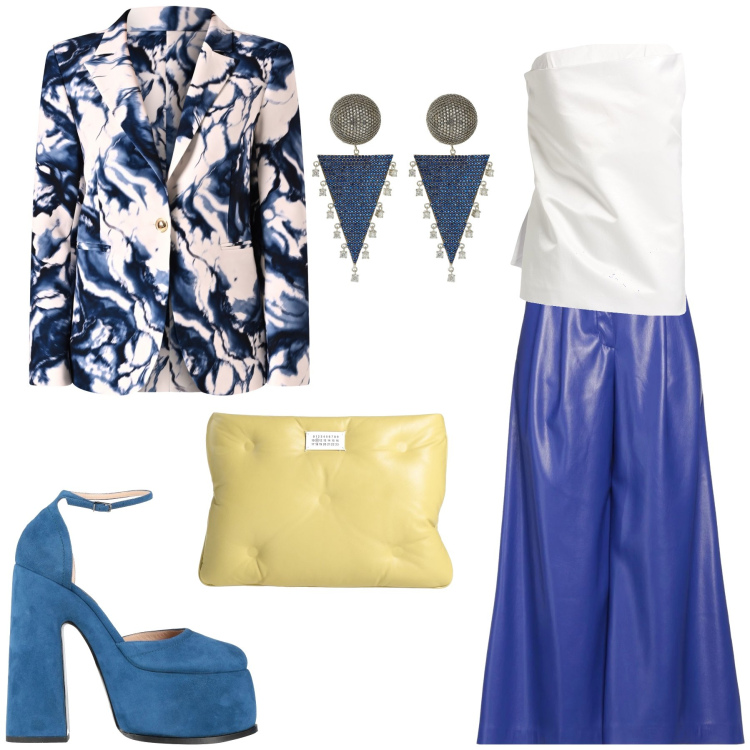 Outfit donna - Indimenticabile. Stile Casual chic per Serata fuori. Abbinamento con pantaloni, décolleté, borse a mano, top, blazer, orecchini.