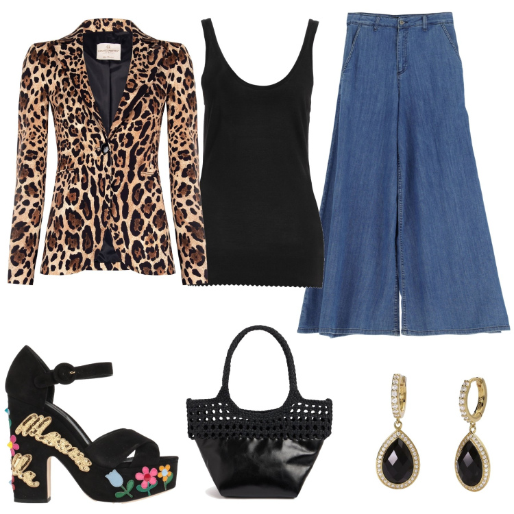 Outfit donna - Black and animalier. Stile Casual chic per Serata fuori. Abbinamento con sandali in pelle, canottiere, orecchini, blazer, jeans, shopping bag.