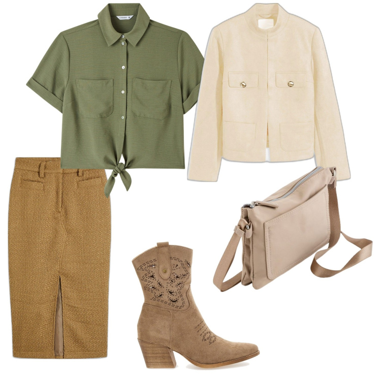 Outfit donna - Gonna e stivaletti. per Tutti i giorni. Abbinamento con gonne longuette, blazer, camicie a manica corta, stivaletti texani, borse a tracolla.