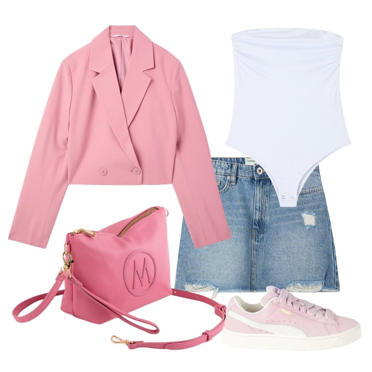 Outfit donna - È primavera. Stile Sporty chic per Tutti i giorni. Abbinamento con sneakers, minigonne, body, blazer, valigie.