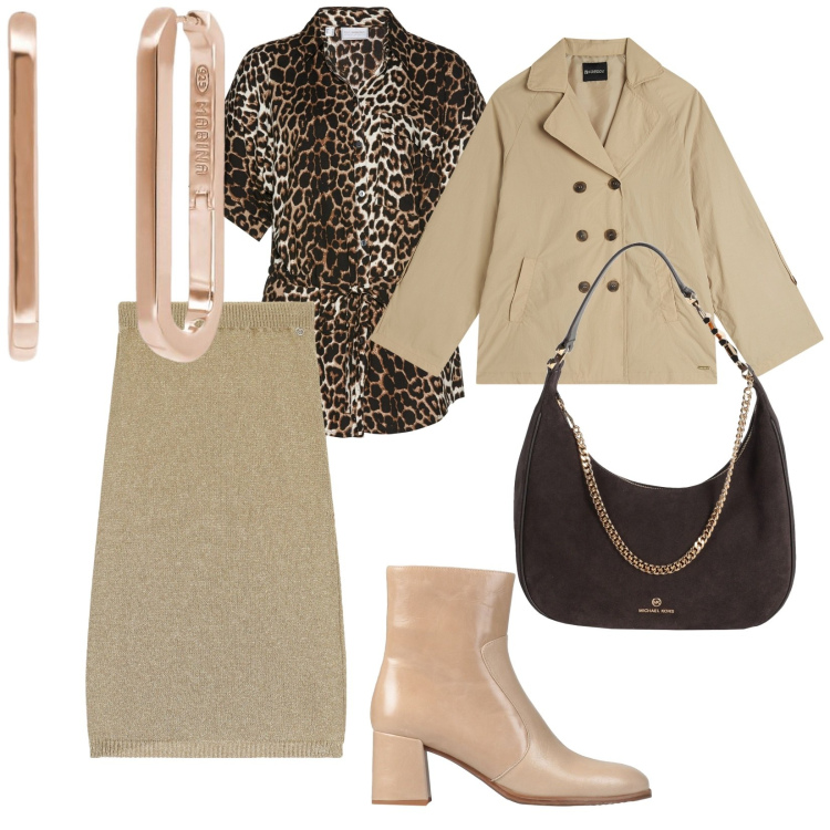 Outfit donna - In ufficio. per Ufficio. Abbinamento con camicie a manica corta, borse a spalla, stivaletti, orecchini, gonne longuette, trench.