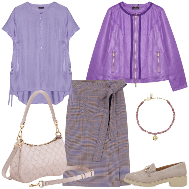 Outfit donna - Gonne midi per la primavera curvy. Stile Casual chic per Tutti i giorni. Abbinamento con braccialetti, gonne longuette, mocassini, bluse, blazer, borse a tracolla.