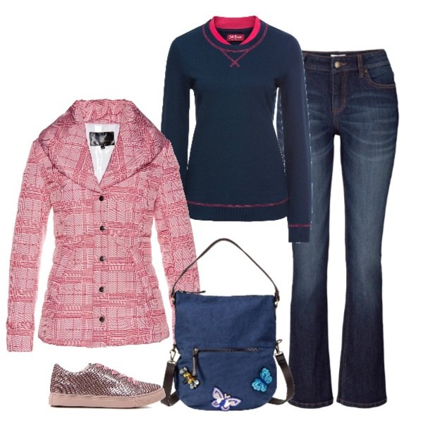 Outfit donna - Basic #19288. Stile Basic per Scuola/Università. Abbinamento con jeans bootcut, felpa in pile blu, cappotti, borsa a tracolla blu, sneakers sport glitter rosa.