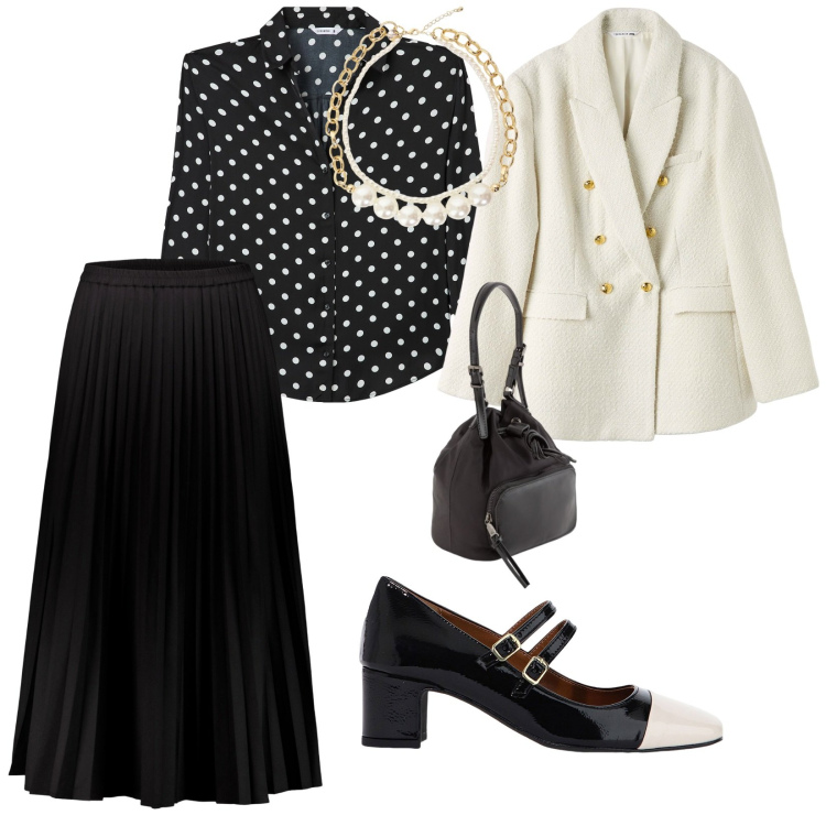 Outfit donna - Un po\' detective. per Ufficio. Abbinamento con camicie, blazer, décolleté, collane, gonne lunghe, borse a secchiello.