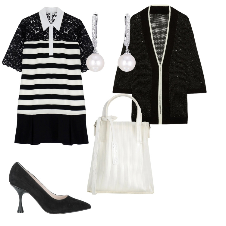 Outfit donna - In bianco e nero. per Serata fuori. Abbinamento con borse a mano, décolleté, orecchini, vestiti corti, cardigans.
