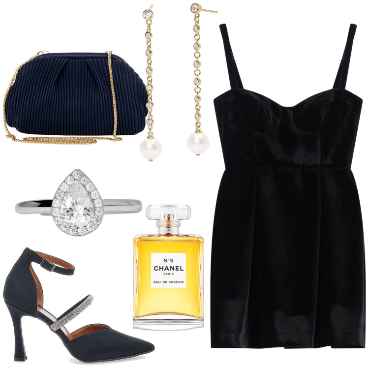 Outfit donna - Il re dei profumi per serata a deux. Stile Glamour per Serata fuori. Abbinamento con profumi, orecchini, anelli, pochette, vestiti corti, décolleté.