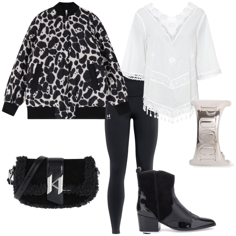 Outfit donna - Total look. Stile Trendy per Tutti i giorni. Abbinamento con tuniche, borse a spalla, bomber, stivaletti texani, orecchini, leggings.