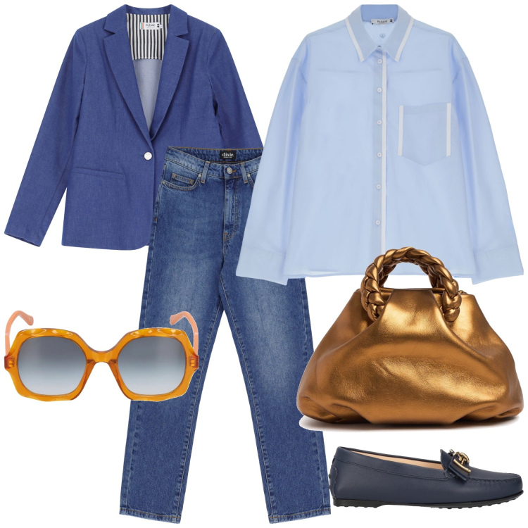 Outfit donna - Total look. Stile Sporty chic per Ufficio. Abbinamento con mocassini, camicie, blazer, jeans dritti, occhiali da sole, borse a mano.