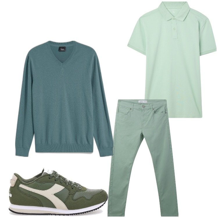 Outfit uomo - Il maglione sulle spalle. Stile Casual per Tutti i giorni. Abbinamento con maglieria, pantaloni skinny, polo, sneakers.