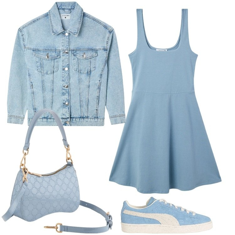 Outfit donna - Celeste rock. Stile Casual chic per Serata fuori. Abbinamento con sneakers, vestiti corti, cappotti, borse a tracolla.