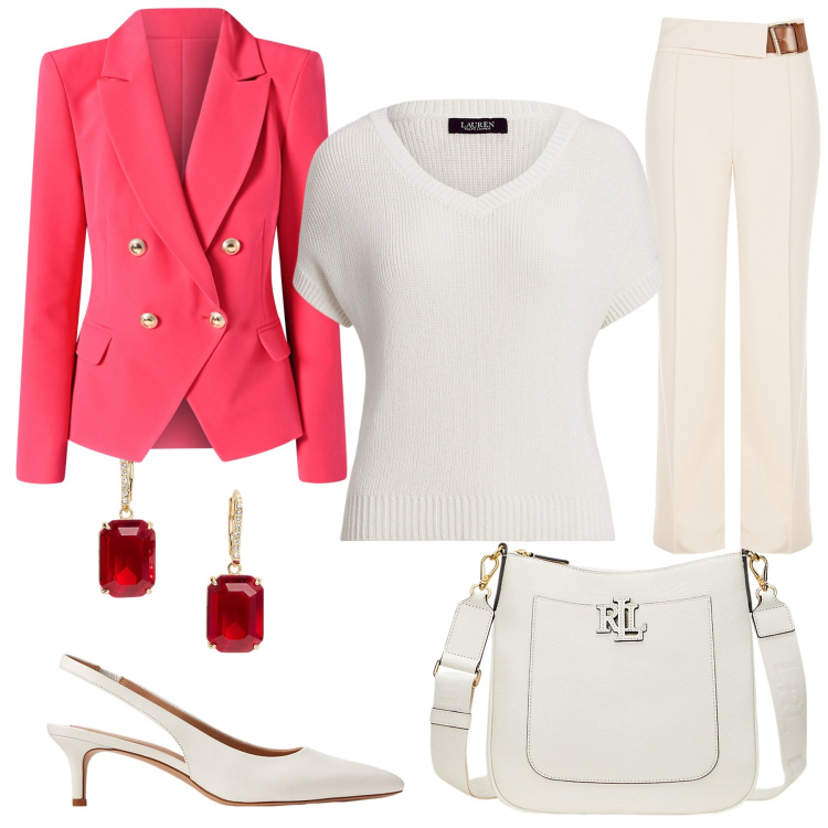 Outfit donna - Total look #2077791. Abbinamento con décolleté, orecchini, borse a tracolla, t-shirt, pantaloni, blazer.