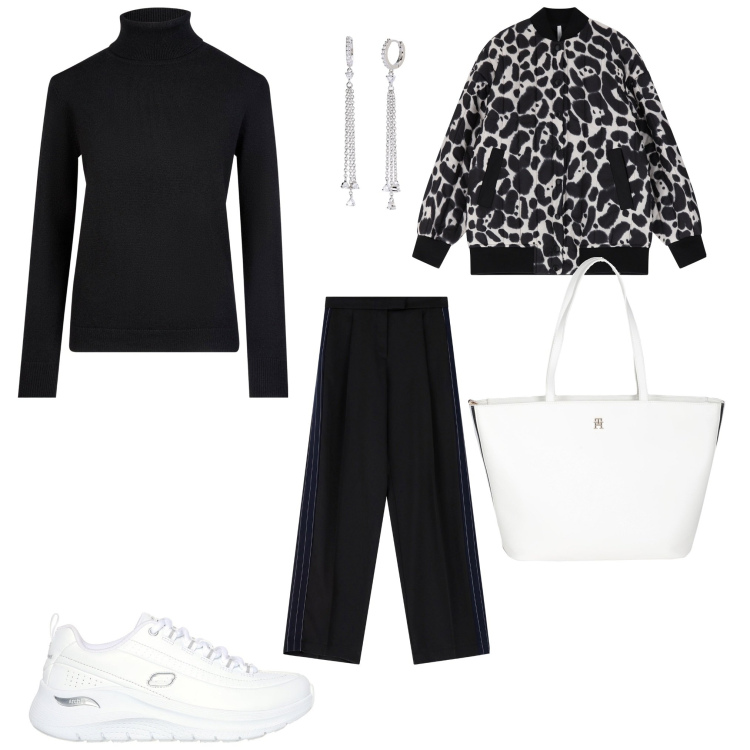 Outfit donna - Over 60. Abbinamento con borse a mano, bomber, pantaloni, orecchini, sneakers, maglieria.