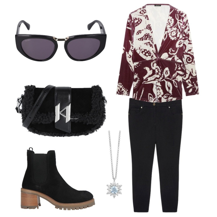 Outfit donna - Flowers. Stile Casual chic Abbinamento con borse a spalla, stivaletti, collane, pantaloni skinny, t-shirt, occhiali da sole.